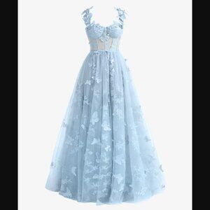 Kiss Prom Lydia | Sky Blue A-line Butterfly Lace Lilac Corset Prom Dress w/ Slit